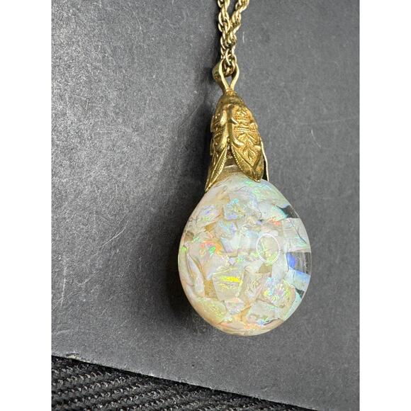 SOLID 14k Yellow Gold Filled Floating Opal Chip Pendant w/ 1/20 12K Necklace - Picture 3 of 16